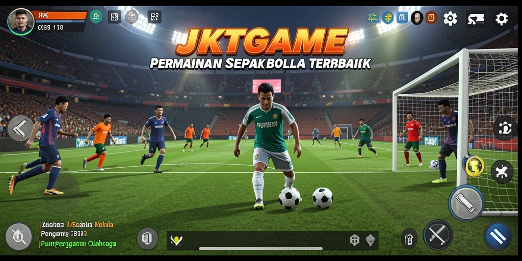 Tampilan layar utama JKTGAME menunjukkan aksi seru di lapangan sepak bola.