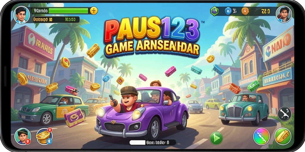 Screenshot utama PAUS123 menampilkan serunya gameplay arcade yang berwarna-warni.